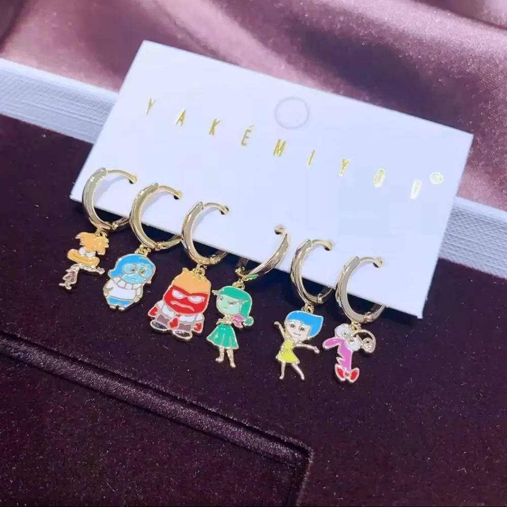 14K Gold Disney Pixar Inside Out 2 Theme Stud Mismatched Huggie Hoop Ear…